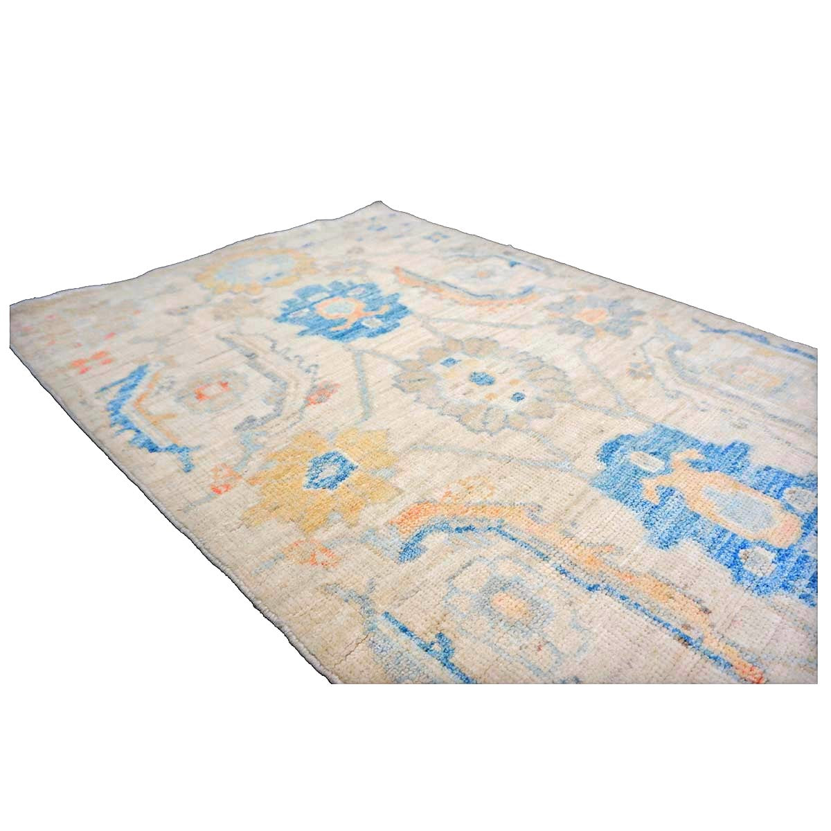 21st Century Turkish Oushak Wool 3X6 Ivory, Yellow & Blue Handmade Runner Rug #1144167