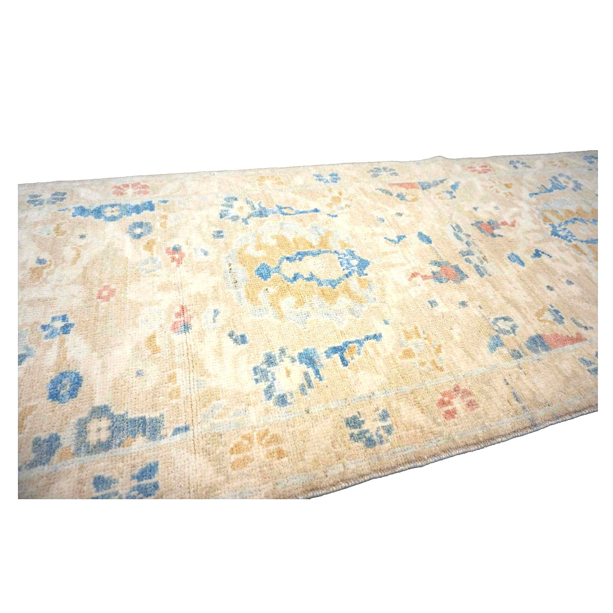 Turkish Sultanabad Wool 3x14 Tan & Light Blue Handmade Runner Rug #1144169