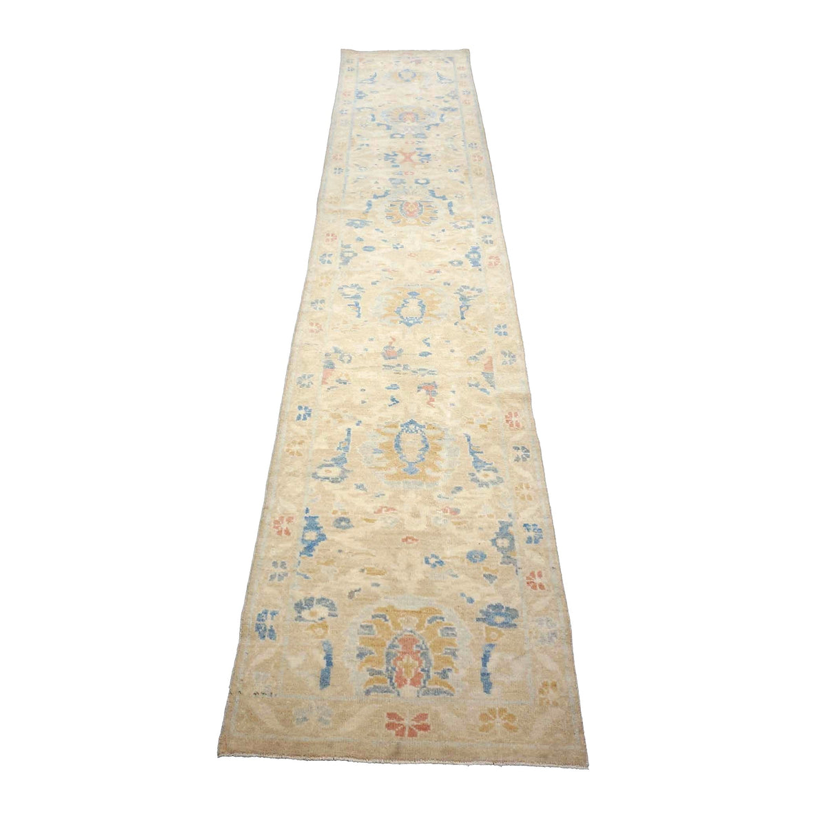Turkish Sultanabad Wool 3x14 Tan & Light Blue Handmade Runner Rug #1144169