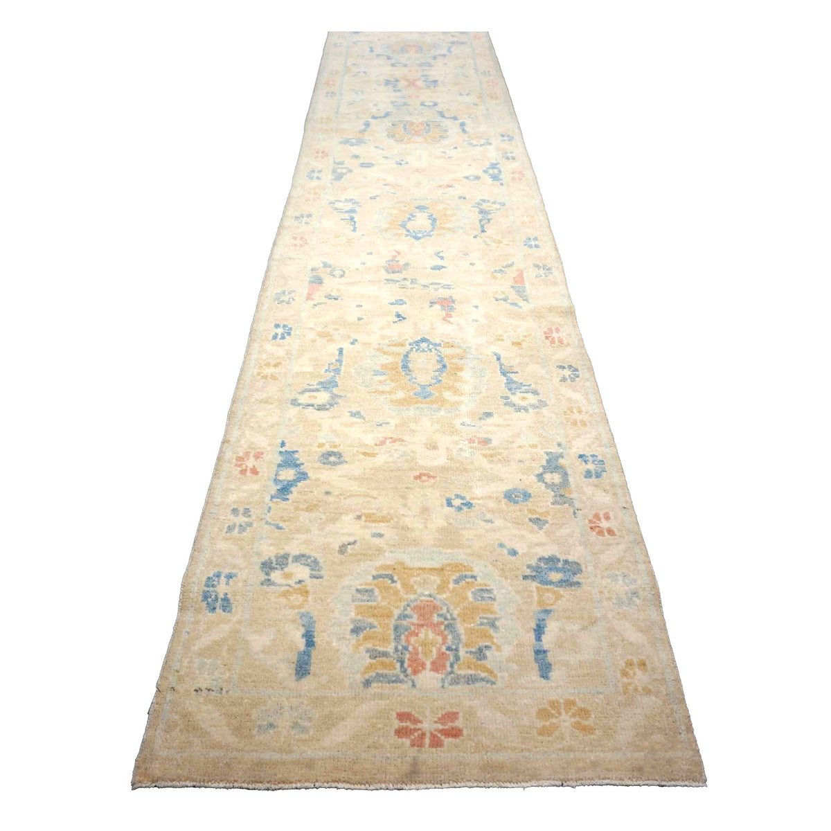 Turkish Sultanabad Wool 3x14 Tan & Light Blue Handmade Runner Rug #1144169