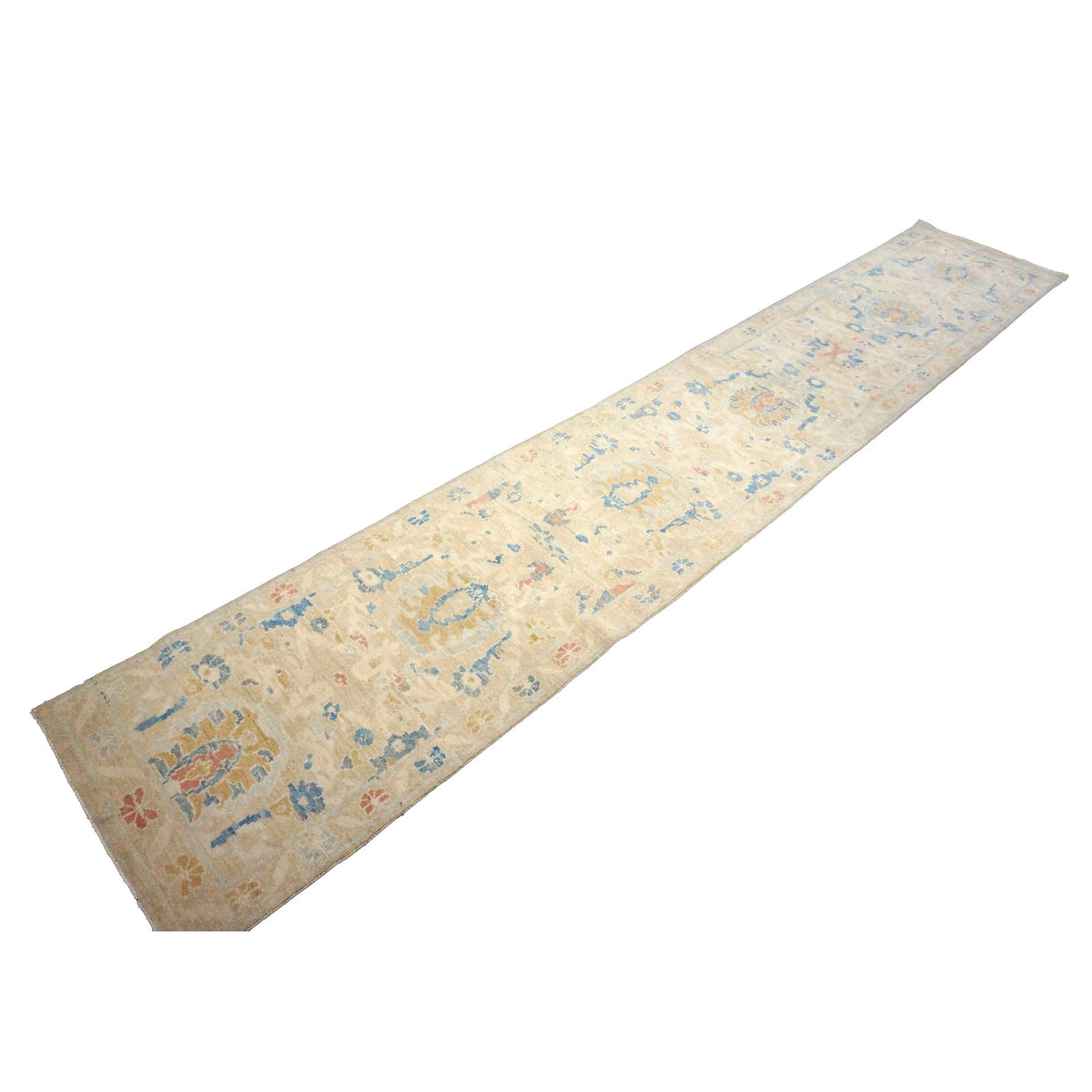 Turkish Sultanabad Wool 3x14 Tan & Light Blue Handmade Runner Rug #1144169