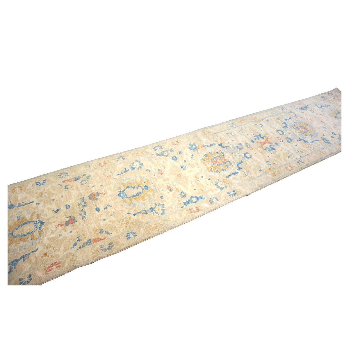 Turkish Sultanabad Wool 3x14 Tan & Light Blue Handmade Runner Rug #1144169