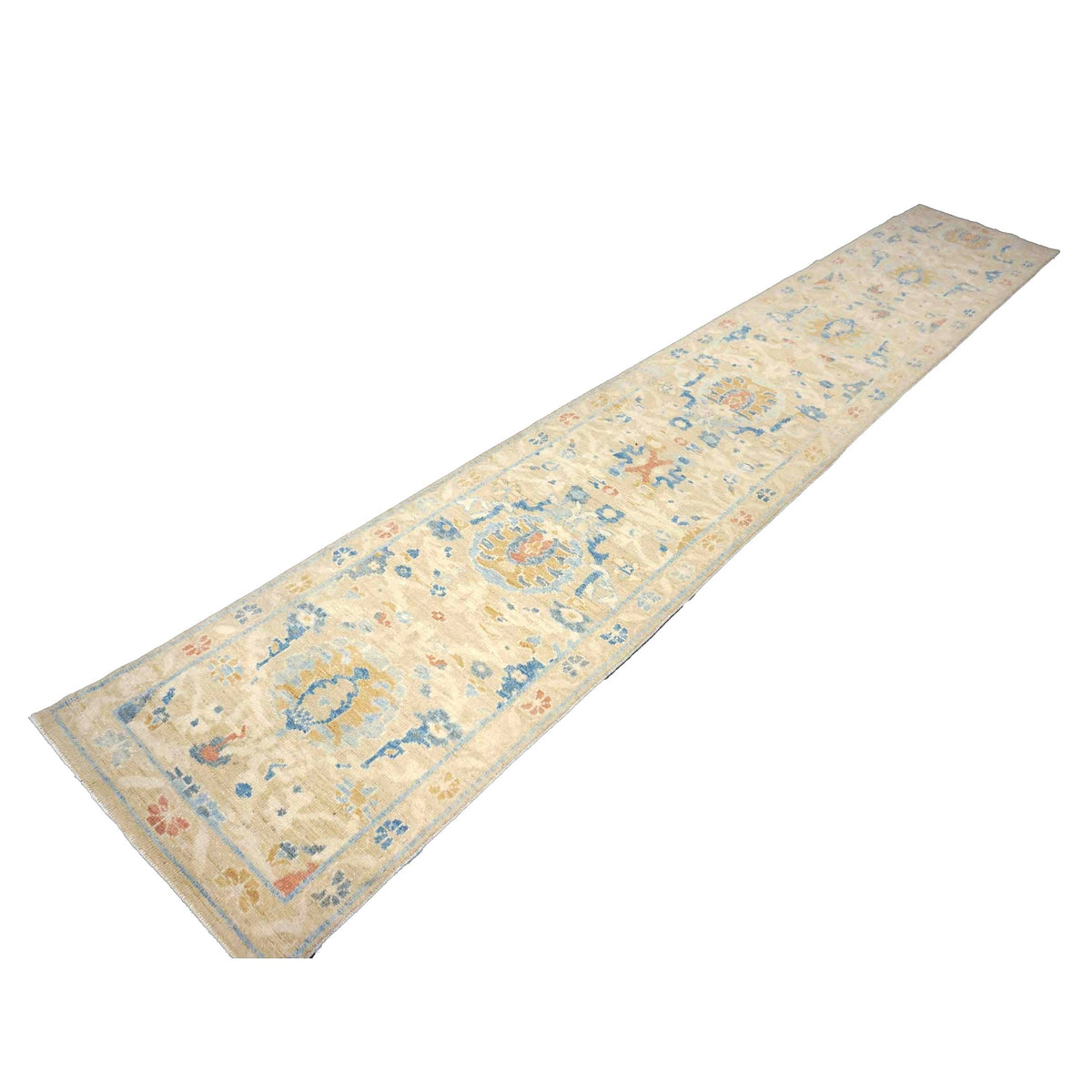 Turkish Sultanabad Wool 3x14 Tan & Light Blue Handmade Runner Rug #1144169