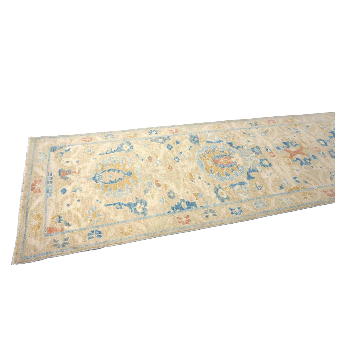 Turkish Sultanabad Wool 3x14 Tan & Light Blue Handmade Runner Rug #1144169