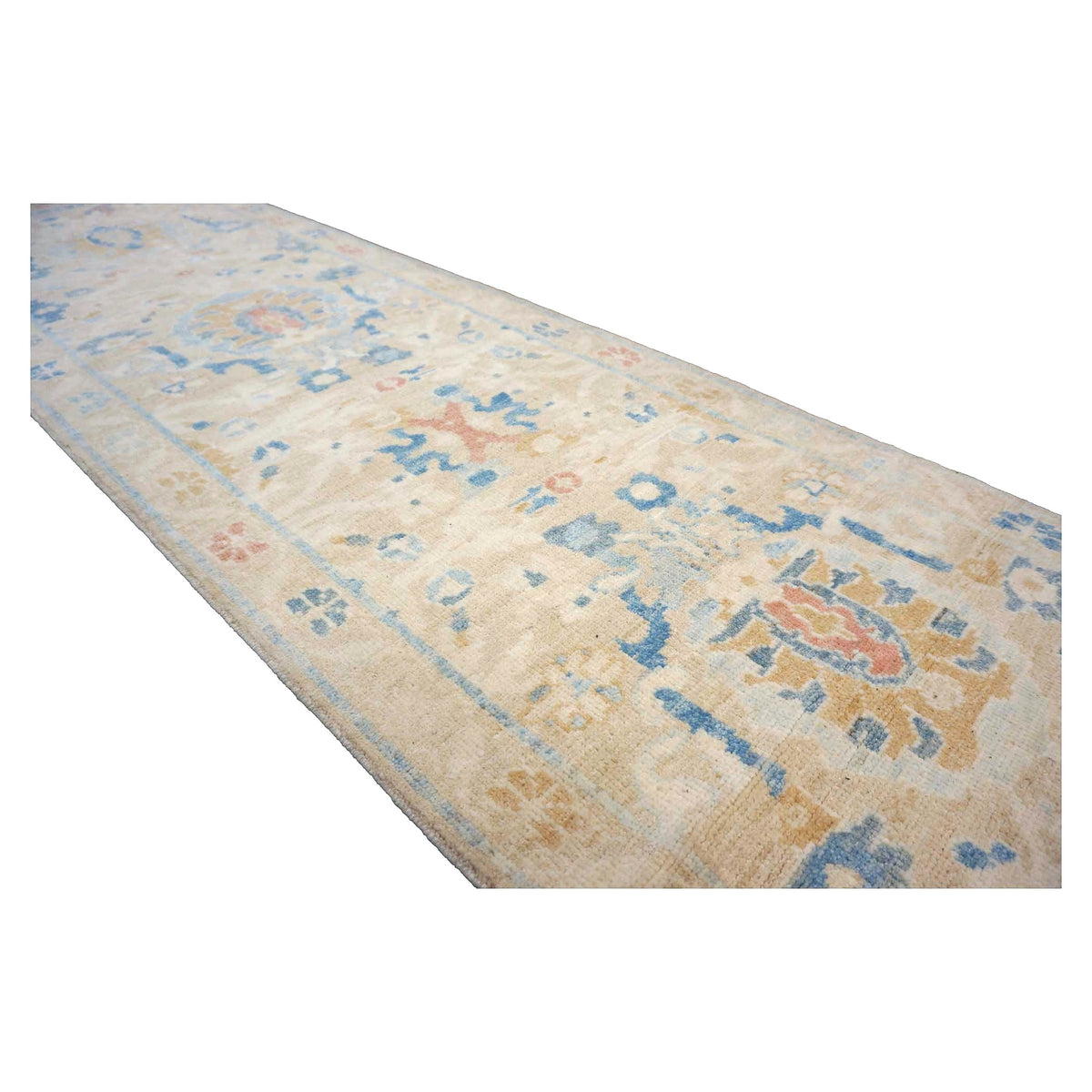 Turkish Sultanabad Wool 3x14 Tan & Light Blue Handmade Runner Rug #1144169