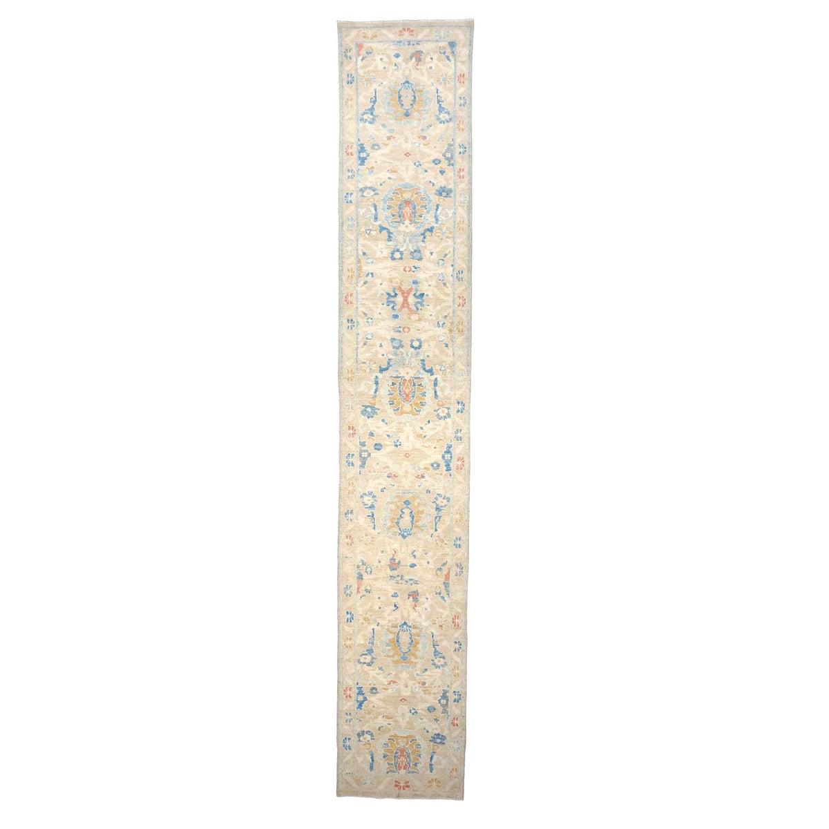 Turkish Sultanabad Wool 3x14 Tan & Light Blue Handmade Runner Rug #1144169