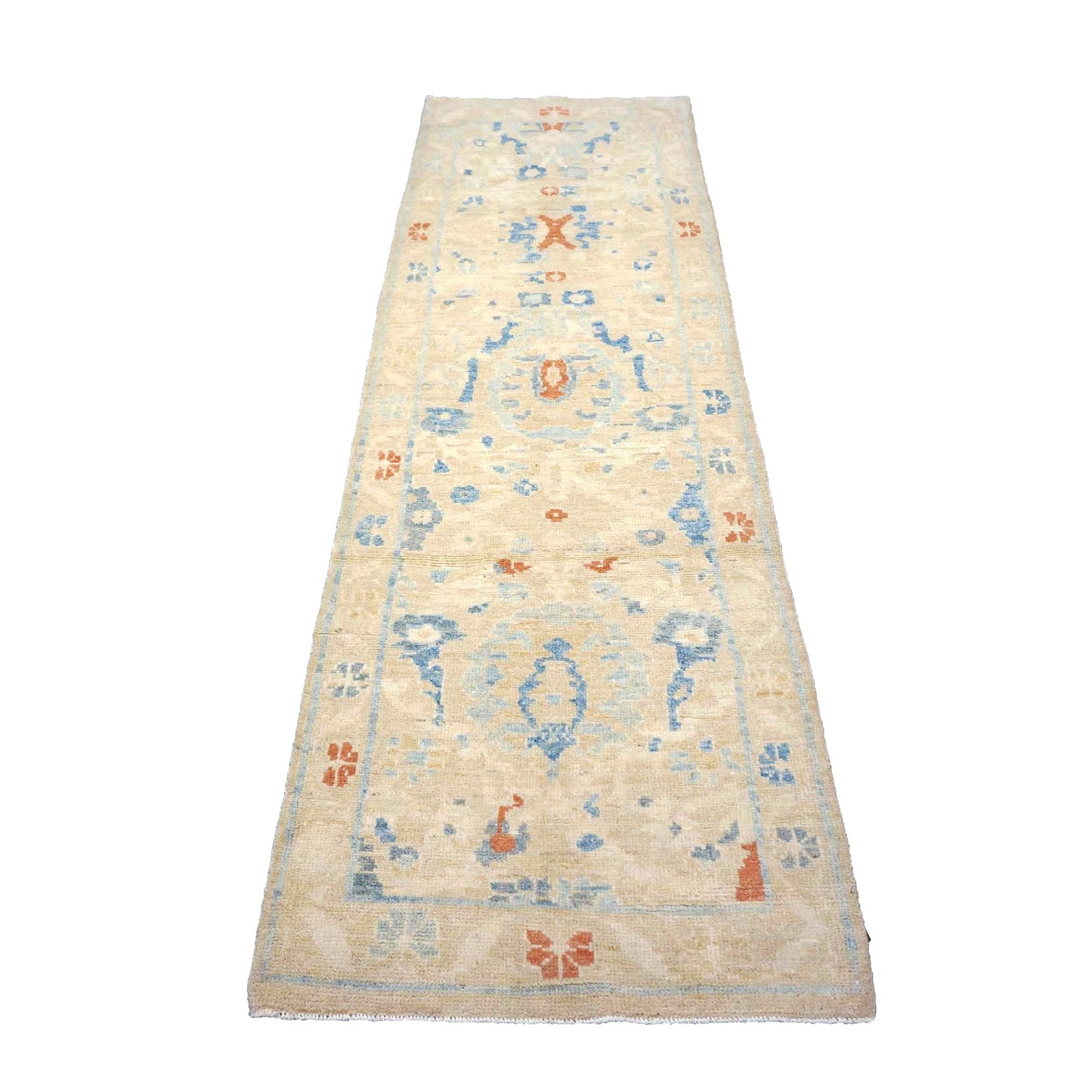 Turkish Sultanabad Wool 3x8 Tan & Light Blue Handmade Runner Rug #1144172
