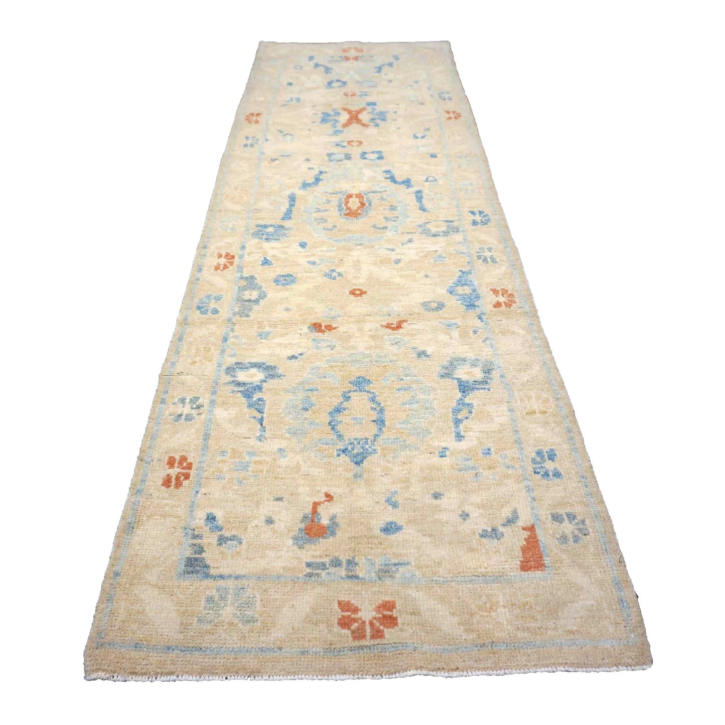 Turkish Sultanabad Wool 3x8 Tan & Light Blue Handmade Runner Rug #1144172