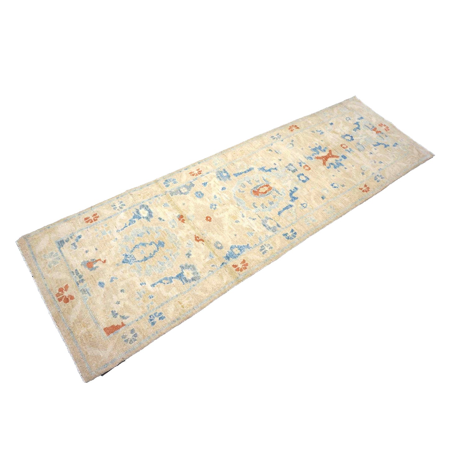 Turkish Sultanabad Wool 3x8 Tan & Light Blue Handmade Runner Rug #1144172