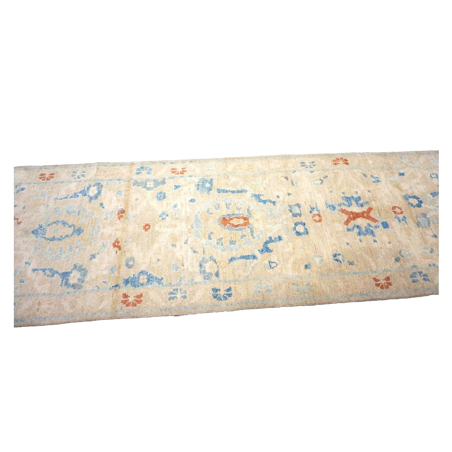 Turkish Sultanabad Wool 3x8 Tan & Light Blue Handmade Runner Rug #1144172