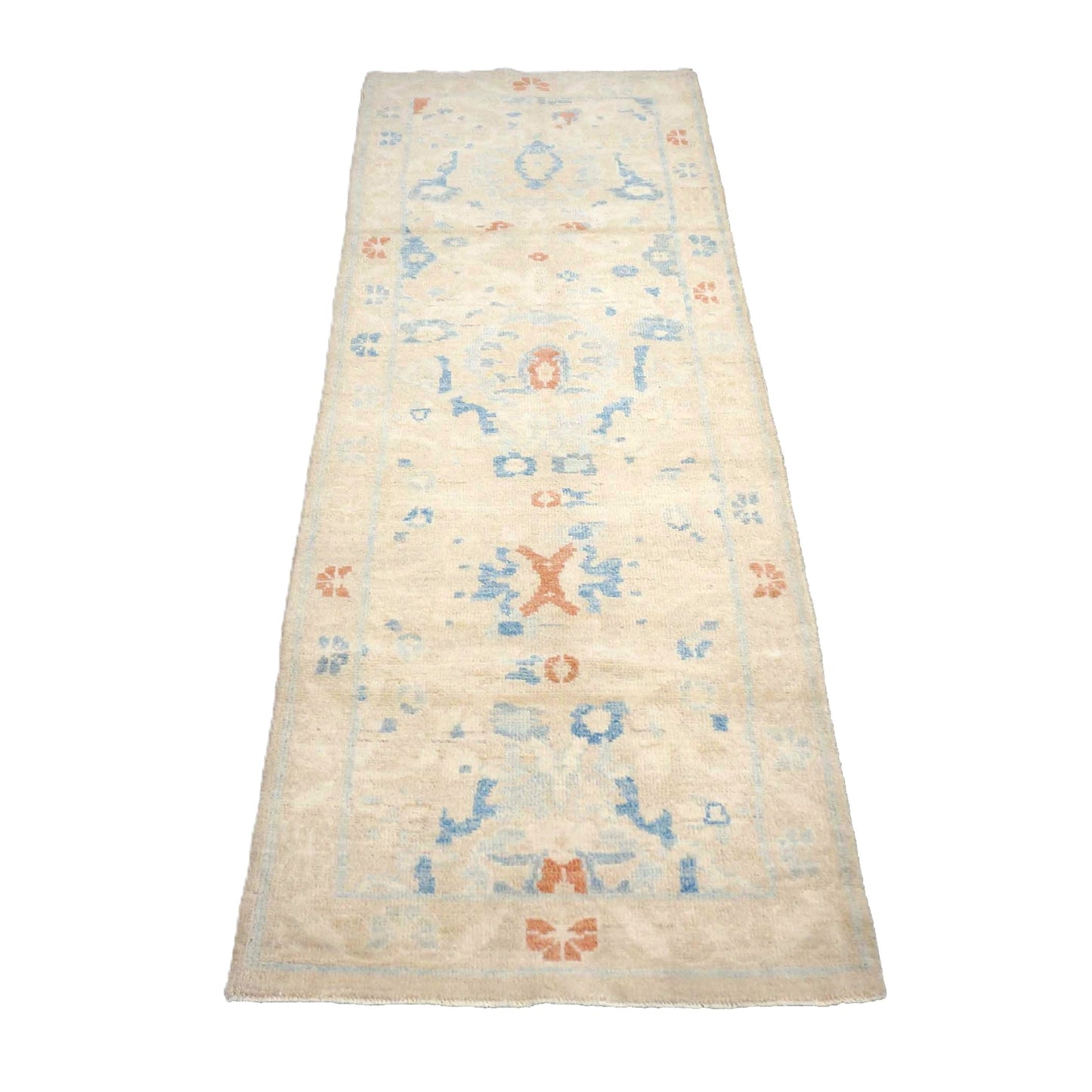 Turkish Sultanabad Wool 3x8 Tan & Light Blue Handmade Runner Rug #1144172