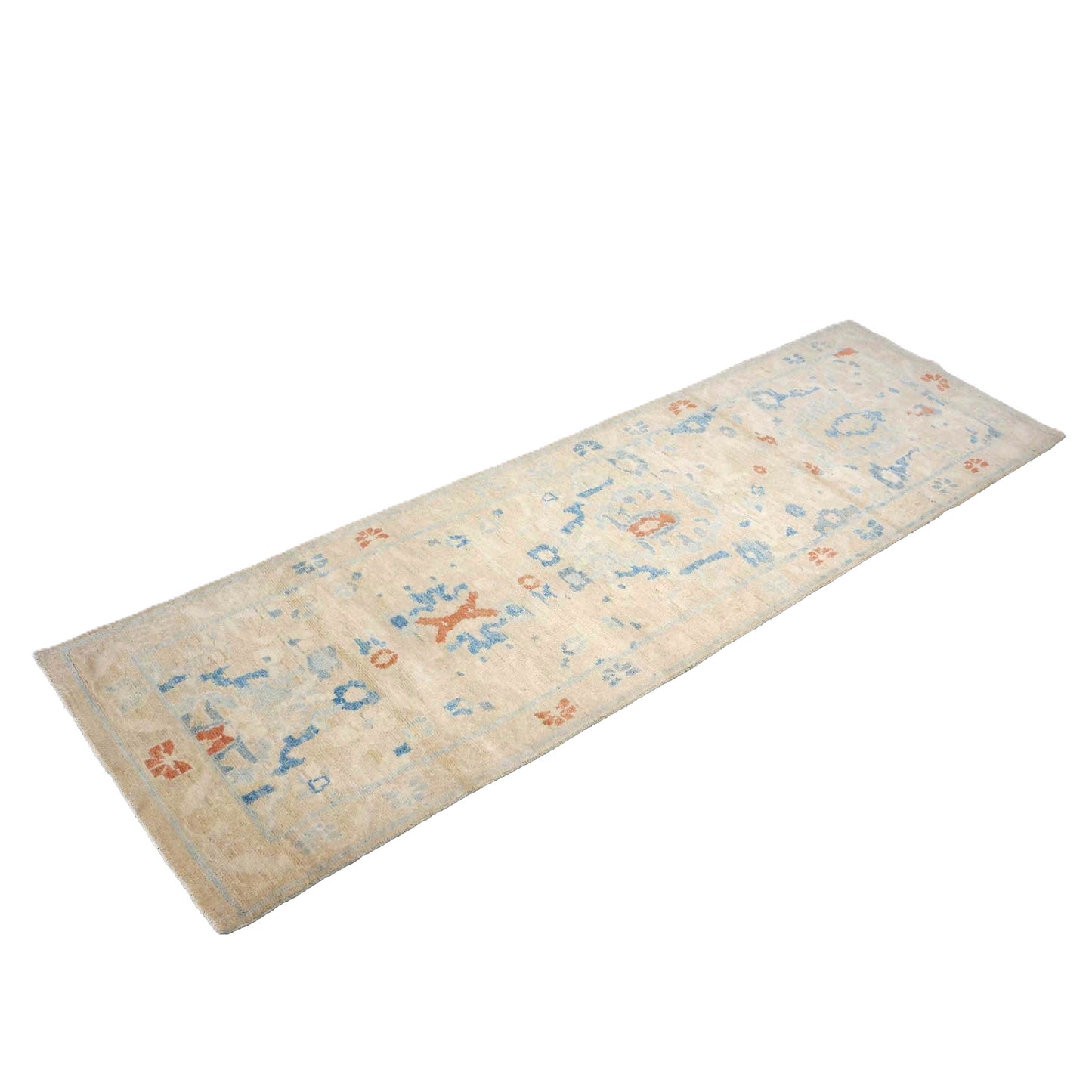 Turkish Sultanabad Wool 3x8 Tan & Light Blue Handmade Runner Rug #1144172
