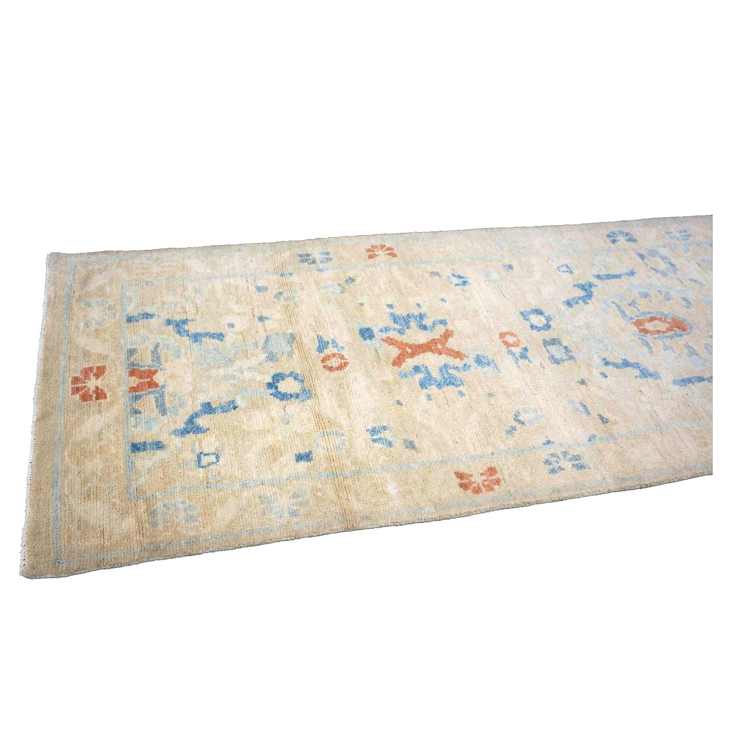 Turkish Sultanabad Wool 3x8 Tan & Light Blue Handmade Runner Rug #1144172