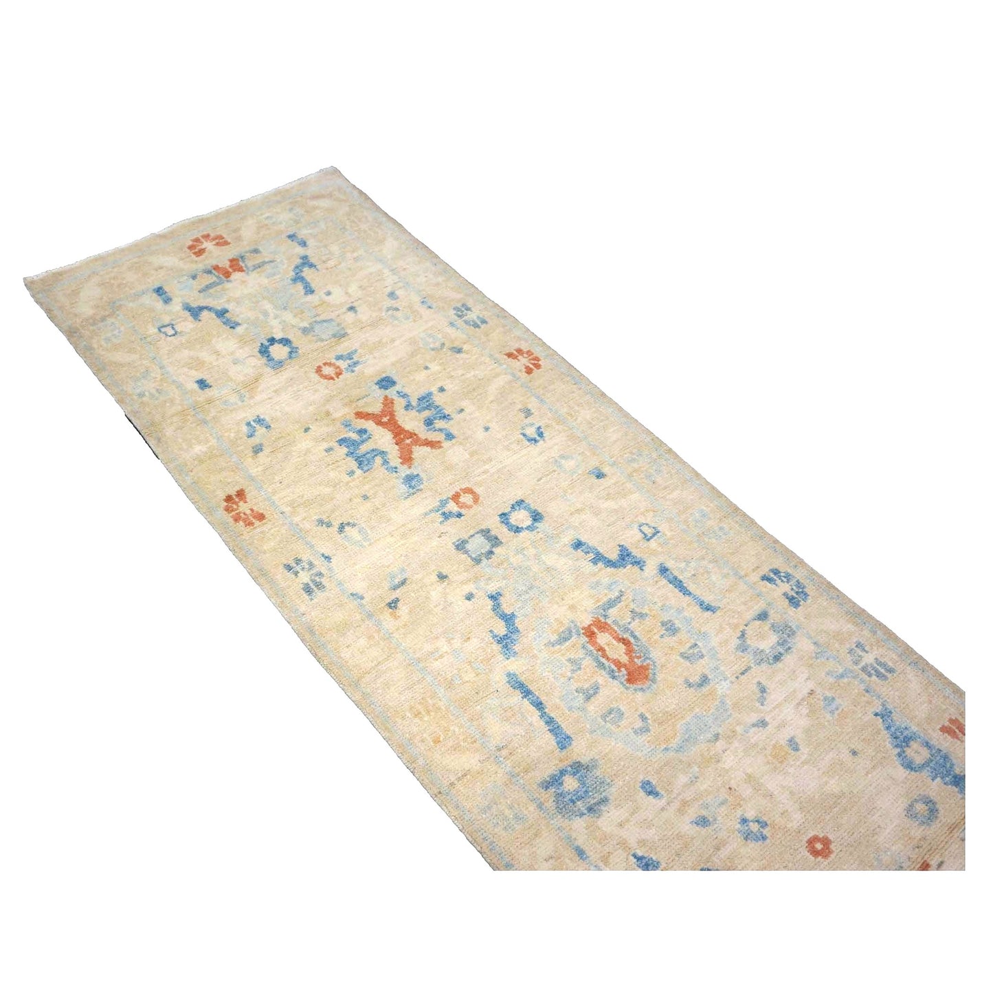 Turkish Sultanabad Wool 3x8 Tan & Light Blue Handmade Runner Rug #1144172