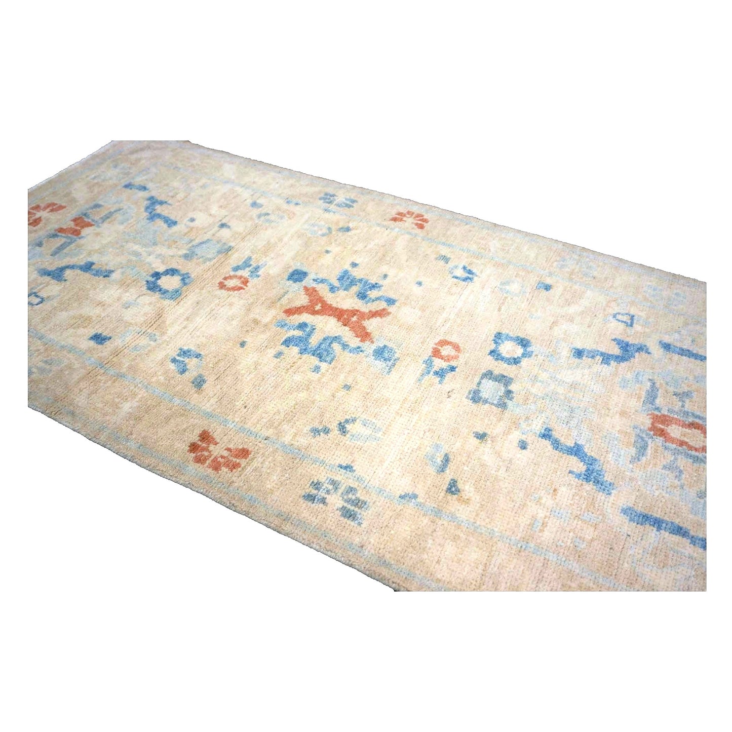 Turkish Sultanabad Wool 3x8 Tan & Light Blue Handmade Runner Rug #1144172