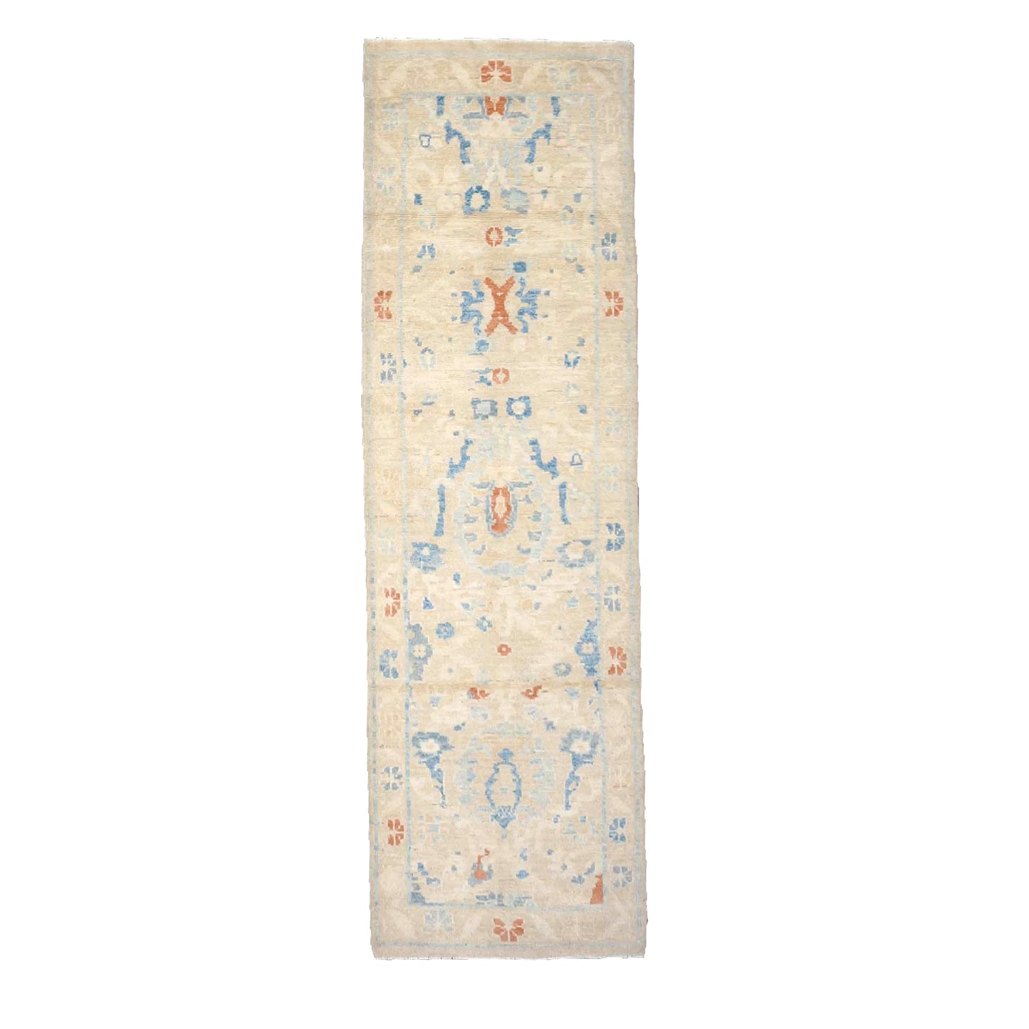 Turkish Sultanabad Wool 3x8 Tan & Light Blue Handmade Runner Rug #1144172