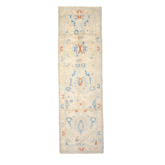 Turkish Sultanabad Wool 3x8 Tan & Light Blue Handmade Runner Rug #1144172