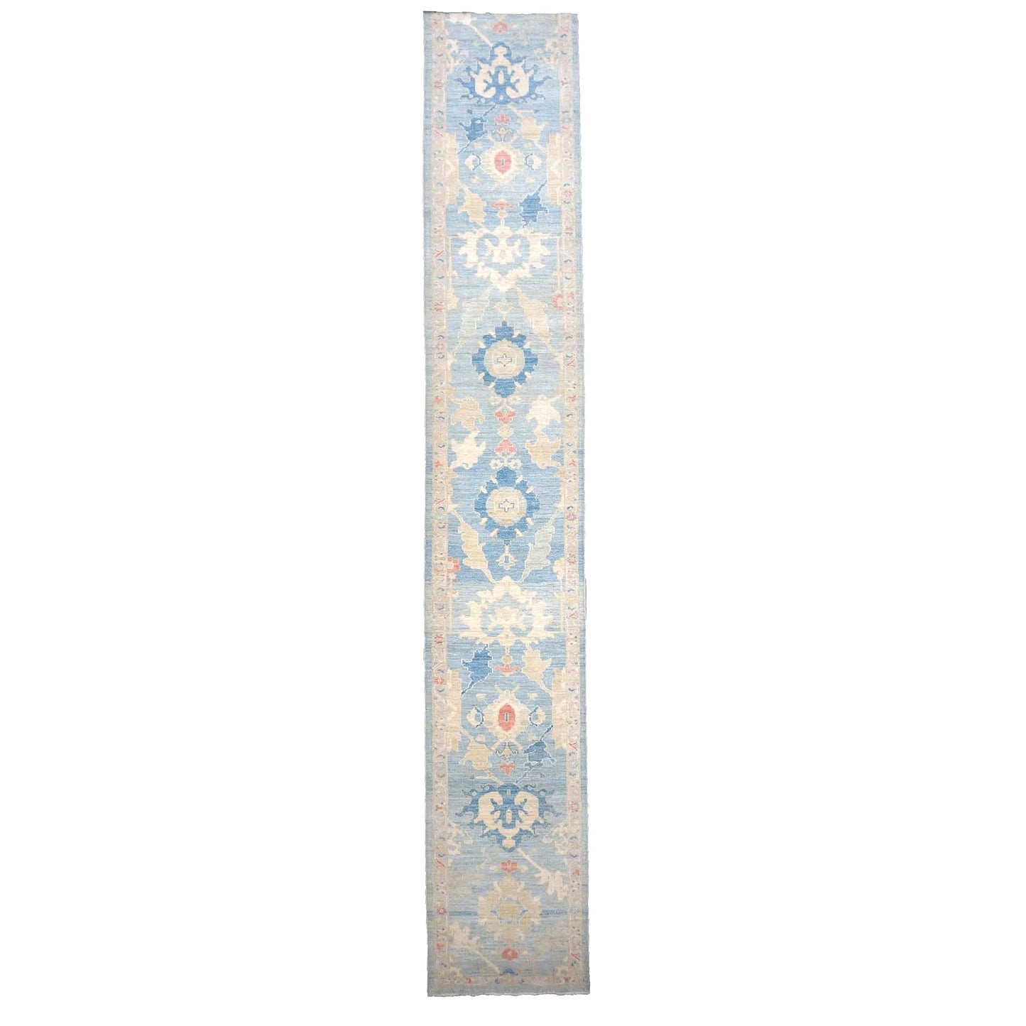 Turkish Sultanabad Wool 3x26 Tan & Light Blue Handmade Runner Rug #1144183