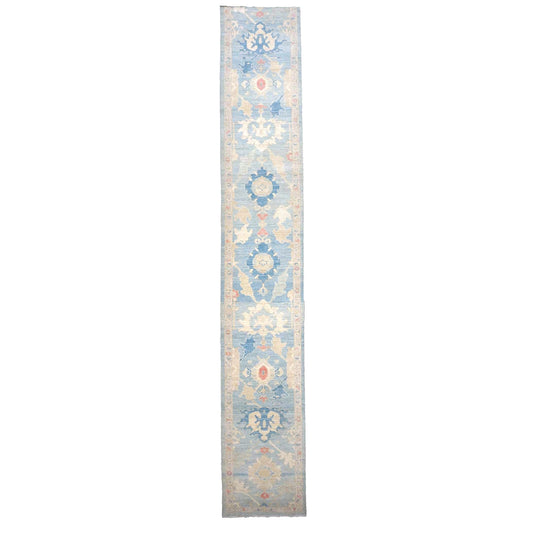 Turkish Sultanabad Wool 3x26 Tan & Light Blue Handmade Runner Rug #1144183