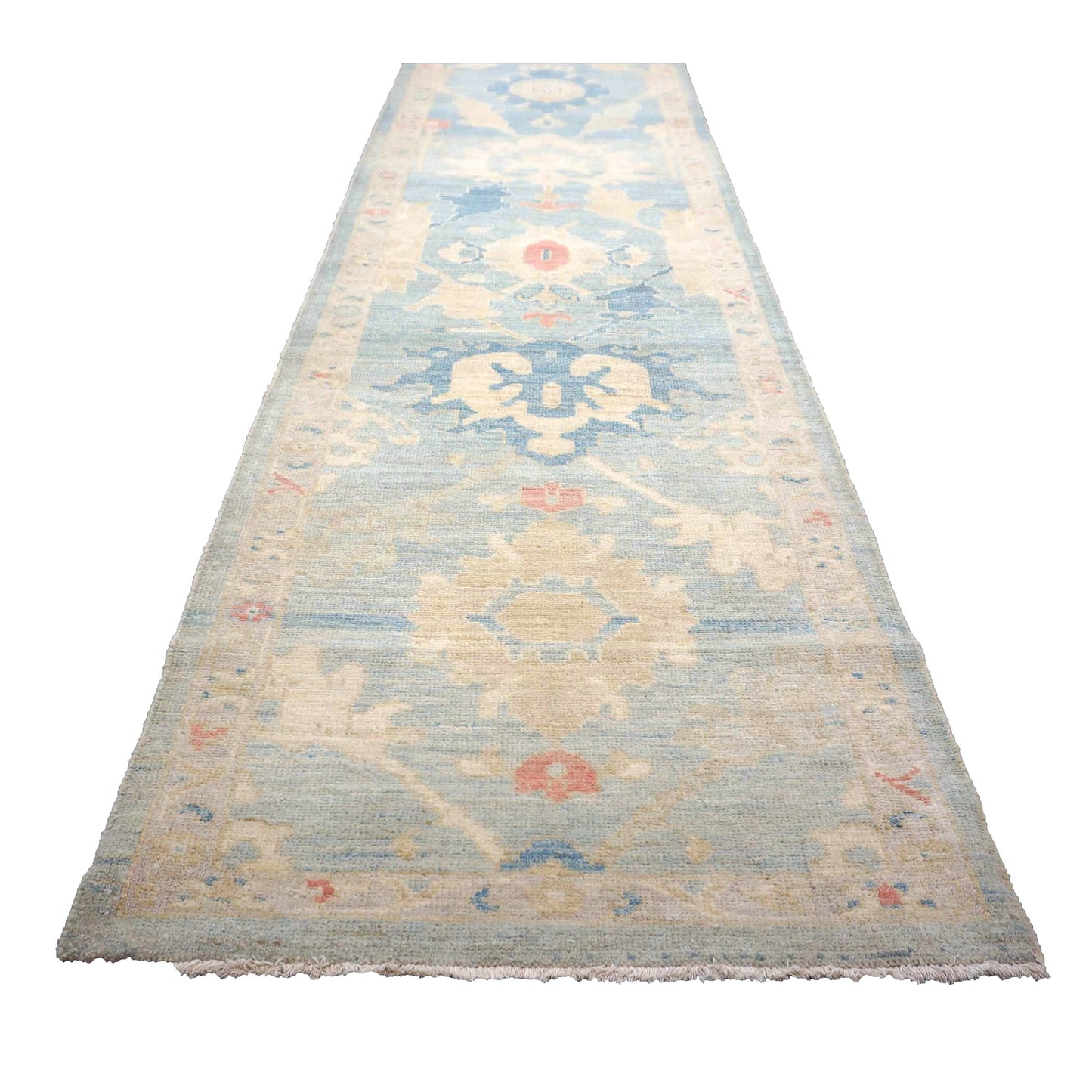 Turkish Sultanabad Wool 3x26 Tan & Light Blue Handmade Runner Rug #1144183