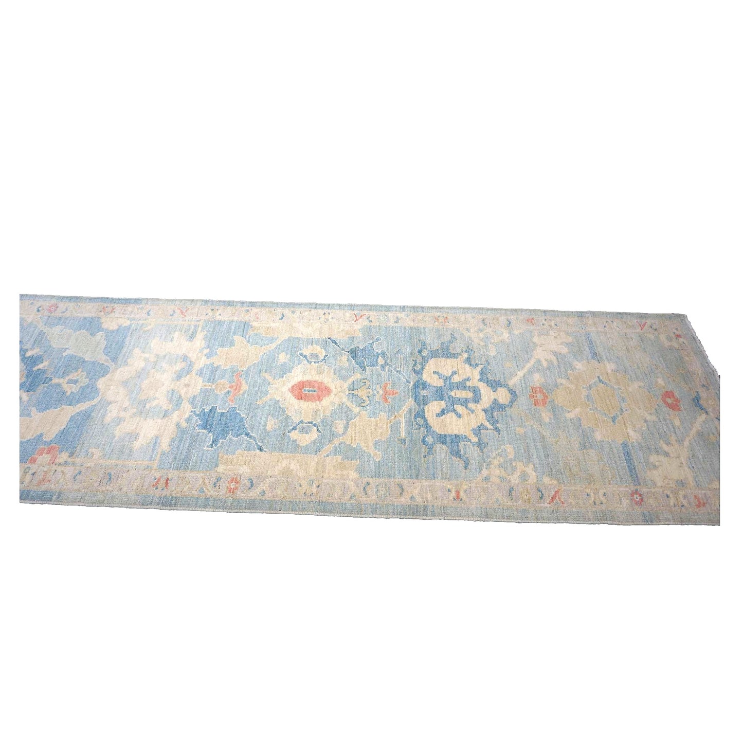 Turkish Sultanabad Wool 3x26 Tan & Light Blue Handmade Runner Rug #1144183