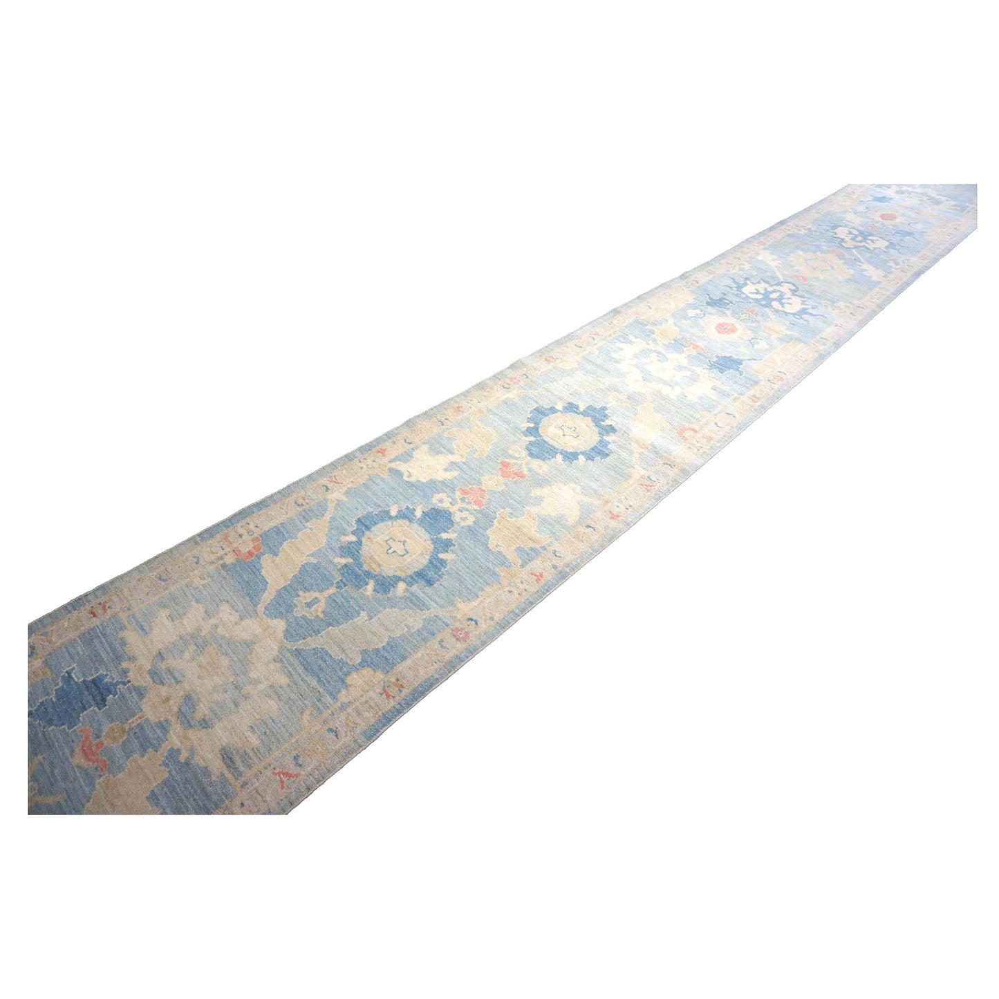 Turkish Sultanabad Wool 3x26 Tan & Light Blue Handmade Runner Rug #1144183