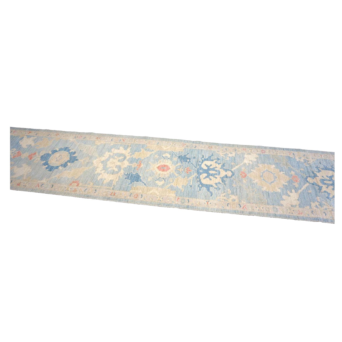Turkish Sultanabad Wool 3x26 Tan & Light Blue Handmade Runner Rug #1144183