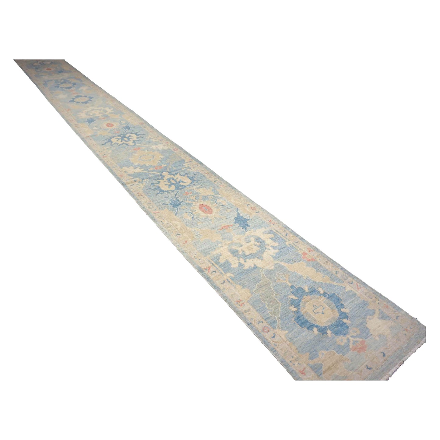 Turkish Sultanabad Wool 3x26 Tan & Light Blue Handmade Runner Rug #1144183