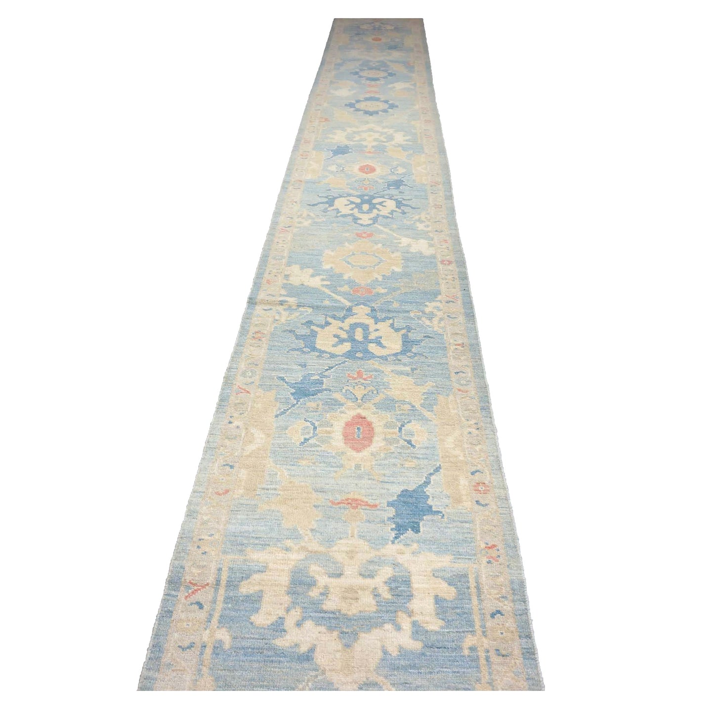 Turkish Sultanabad Wool 3x26 Tan & Light Blue Handmade Runner Rug #1144183