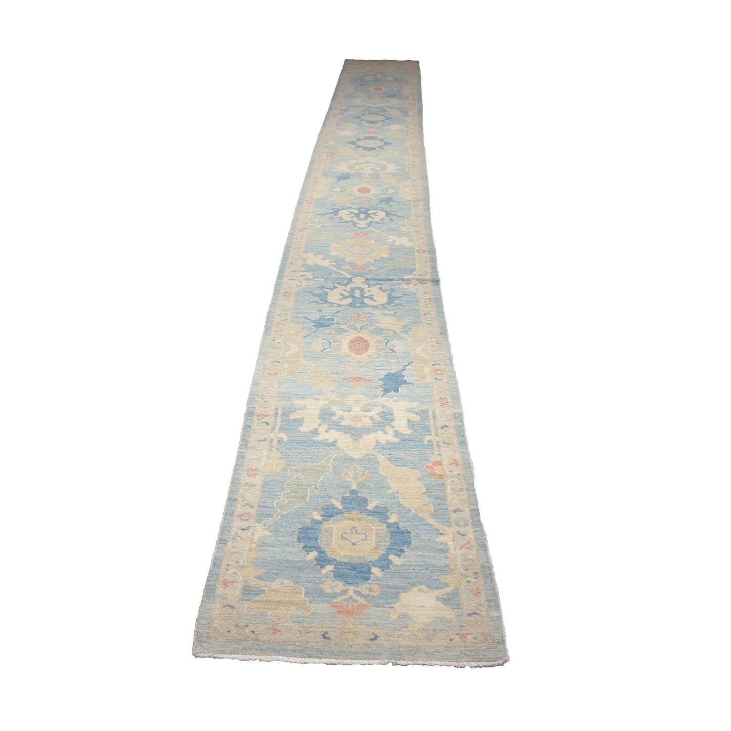 Turkish Sultanabad Wool 3x26 Tan & Light Blue Handmade Runner Rug #1144183