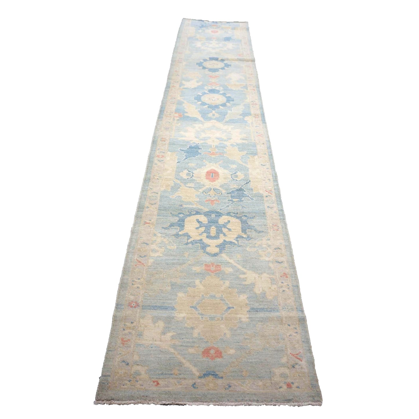Turkish Sultanabad Wool 3x26 Tan & Light Blue Handmade Runner Rug #1144183