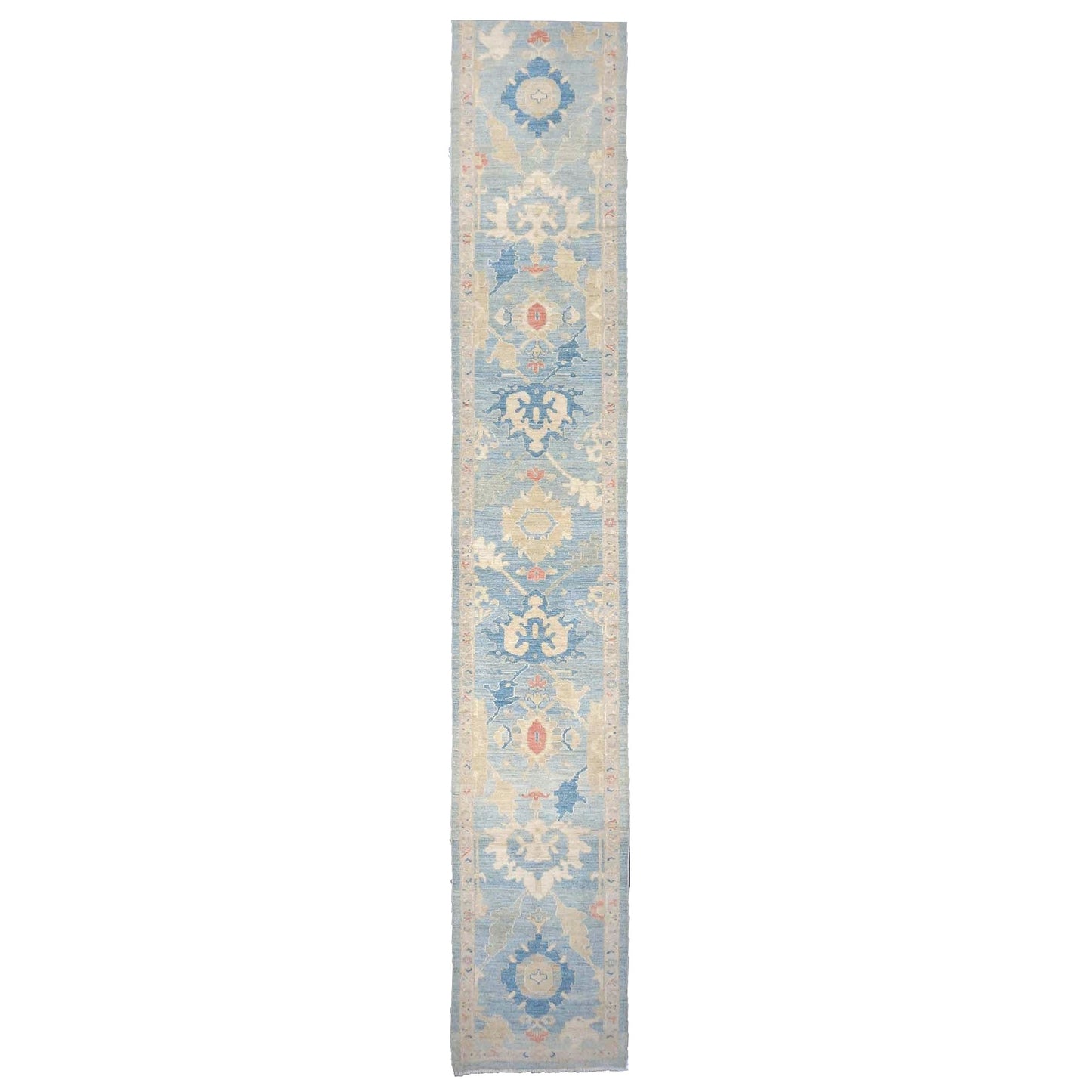 Turkish Sultanabad Wool 3x27 Tan & Light Blue Handmade Runner Rug #1144184