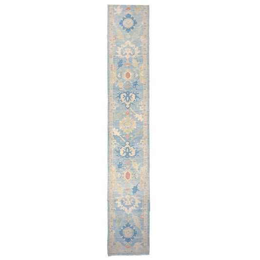 Turkish Sultanabad Wool 3x27 Tan & Light Blue Handmade Runner Rug #1144184
