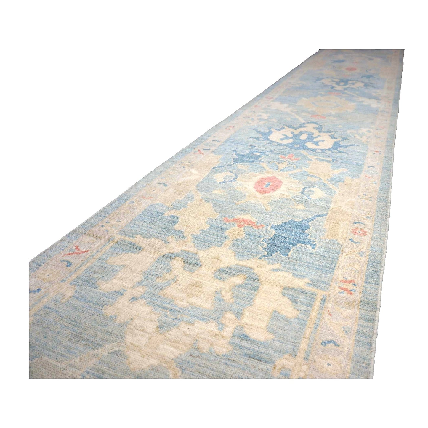 Turkish Sultanabad Wool 3x27 Tan & Light Blue Handmade Runner Rug #1144184