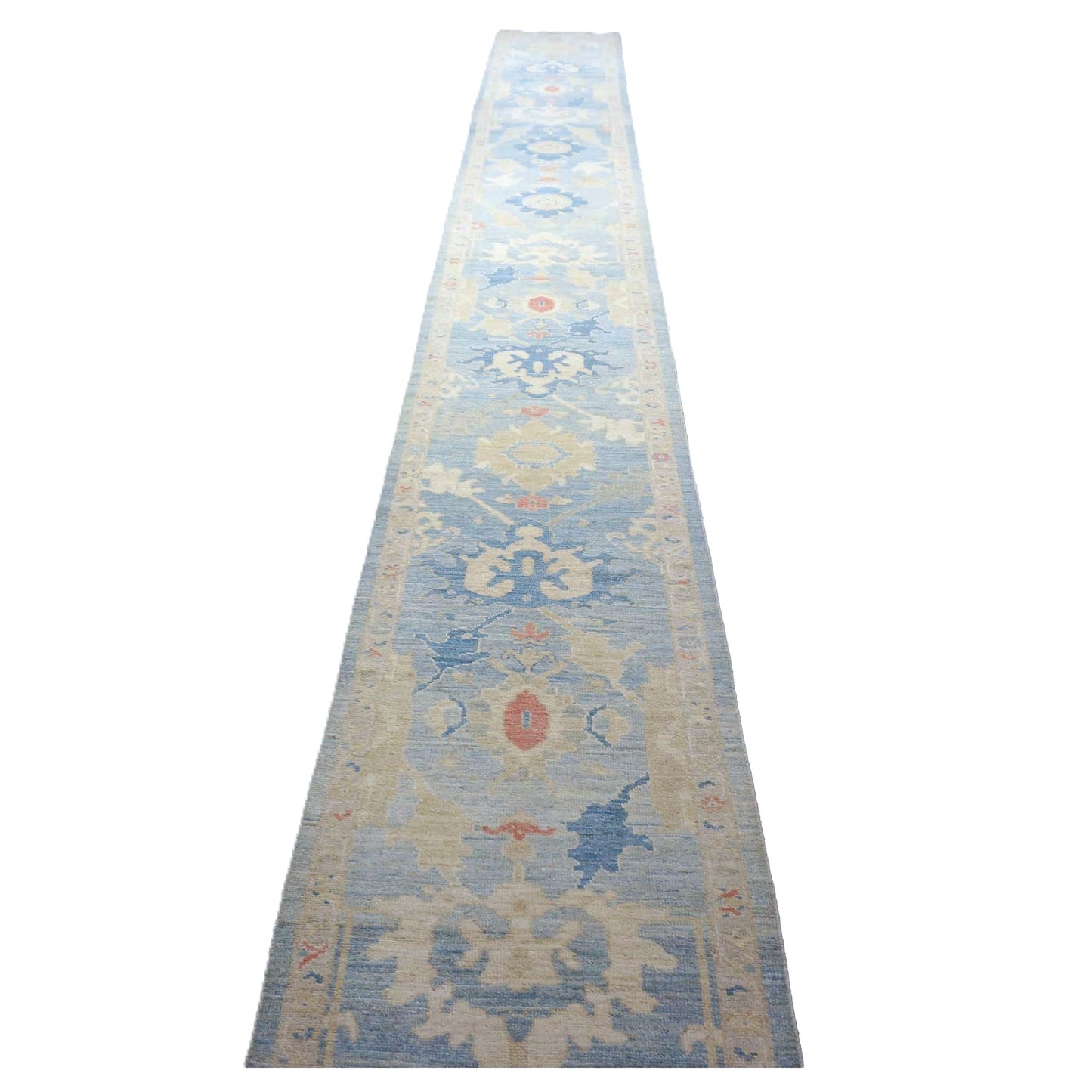 Turkish Sultanabad Wool 3x27 Tan & Light Blue Handmade Runner Rug #1144184