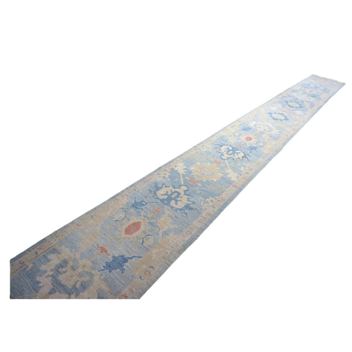 Turkish Sultanabad Wool 3x27 Tan & Light Blue Handmade Runner Rug #1144184