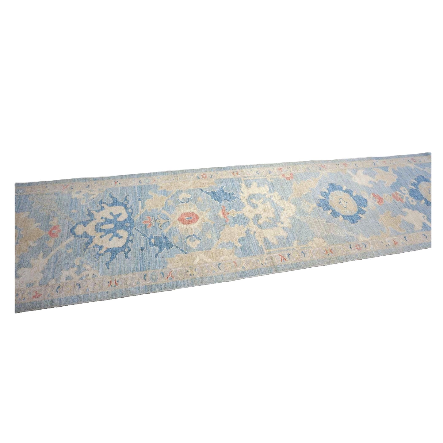 Turkish Sultanabad Wool 3x27 Tan & Light Blue Handmade Runner Rug #1144184