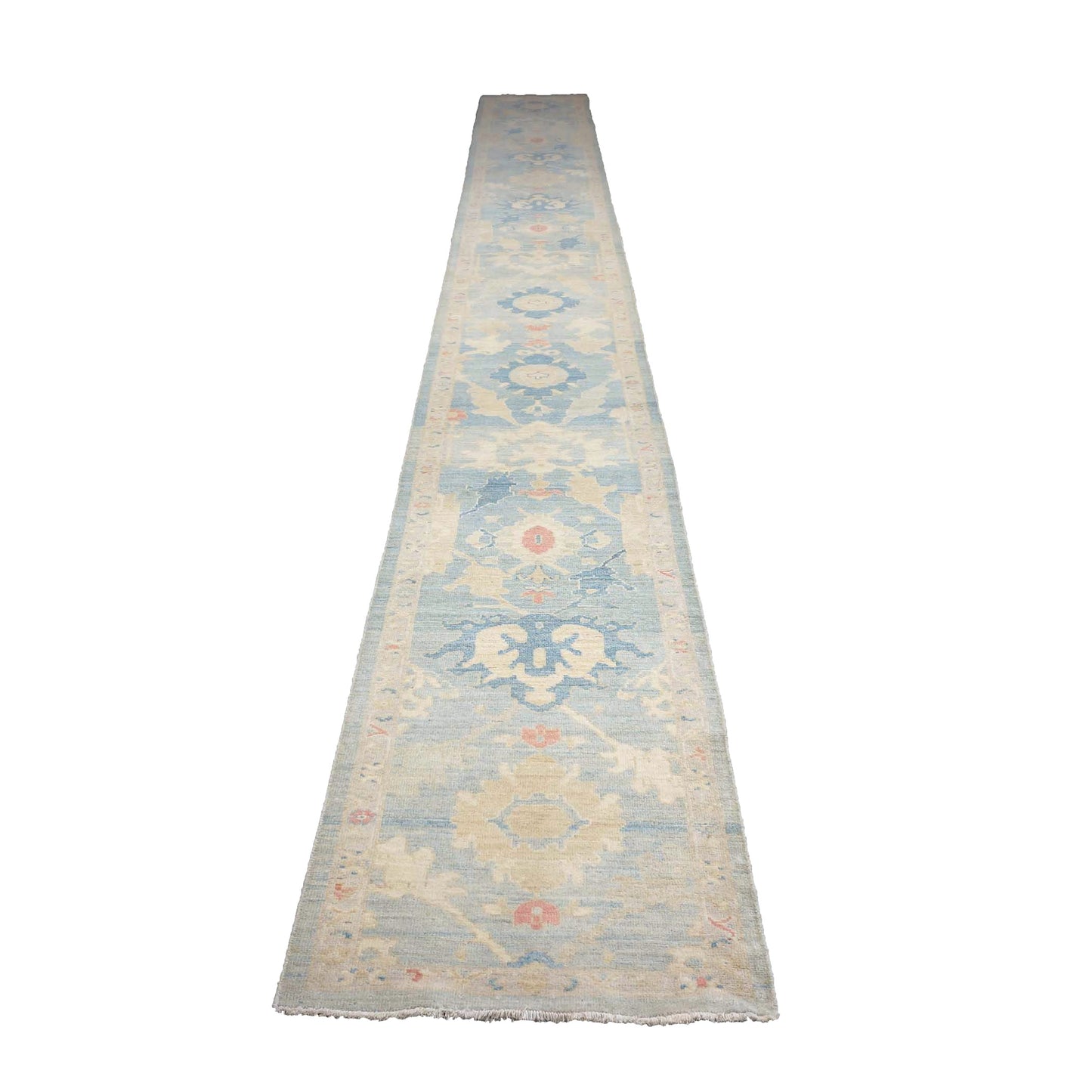 Turkish Sultanabad Wool 3x27 Tan & Light Blue Handmade Runner Rug #1144184