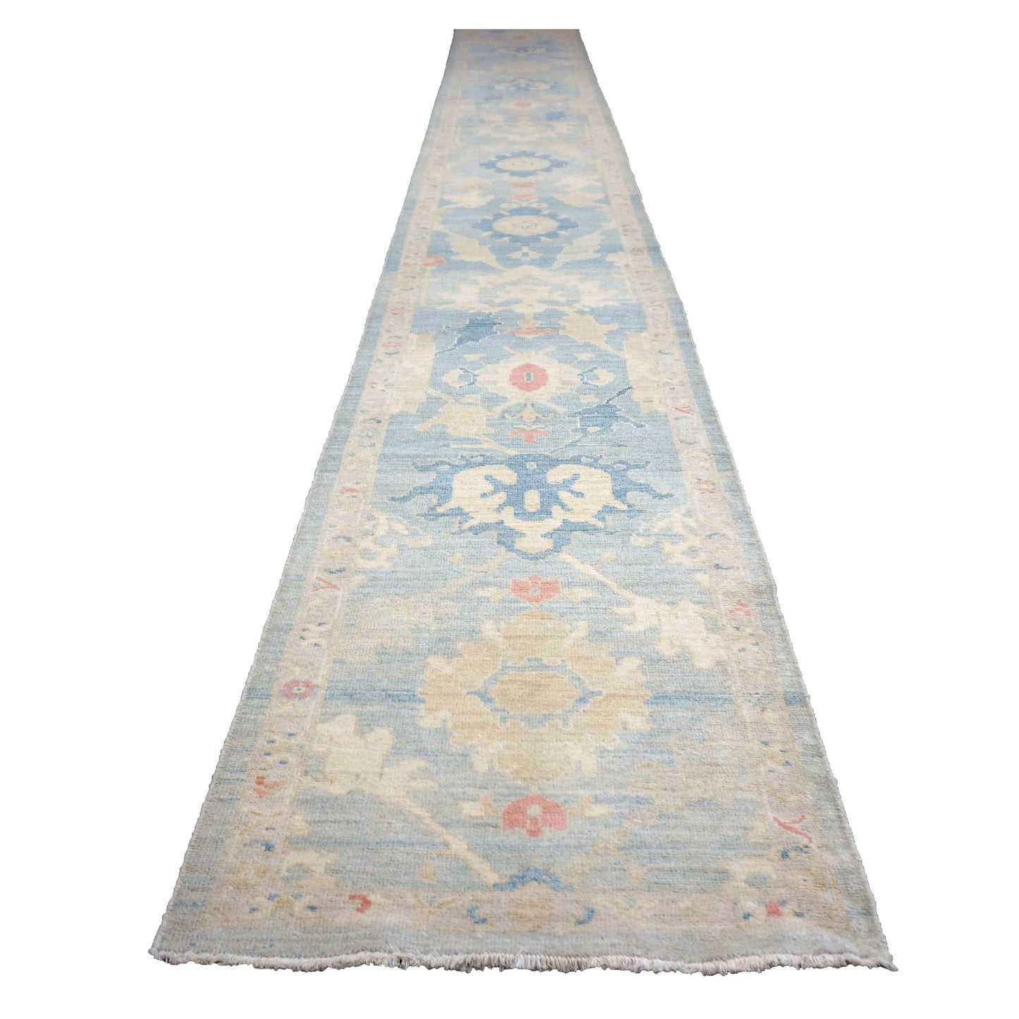 Turkish Sultanabad Wool 3x27 Tan & Light Blue Handmade Runner Rug #1144184