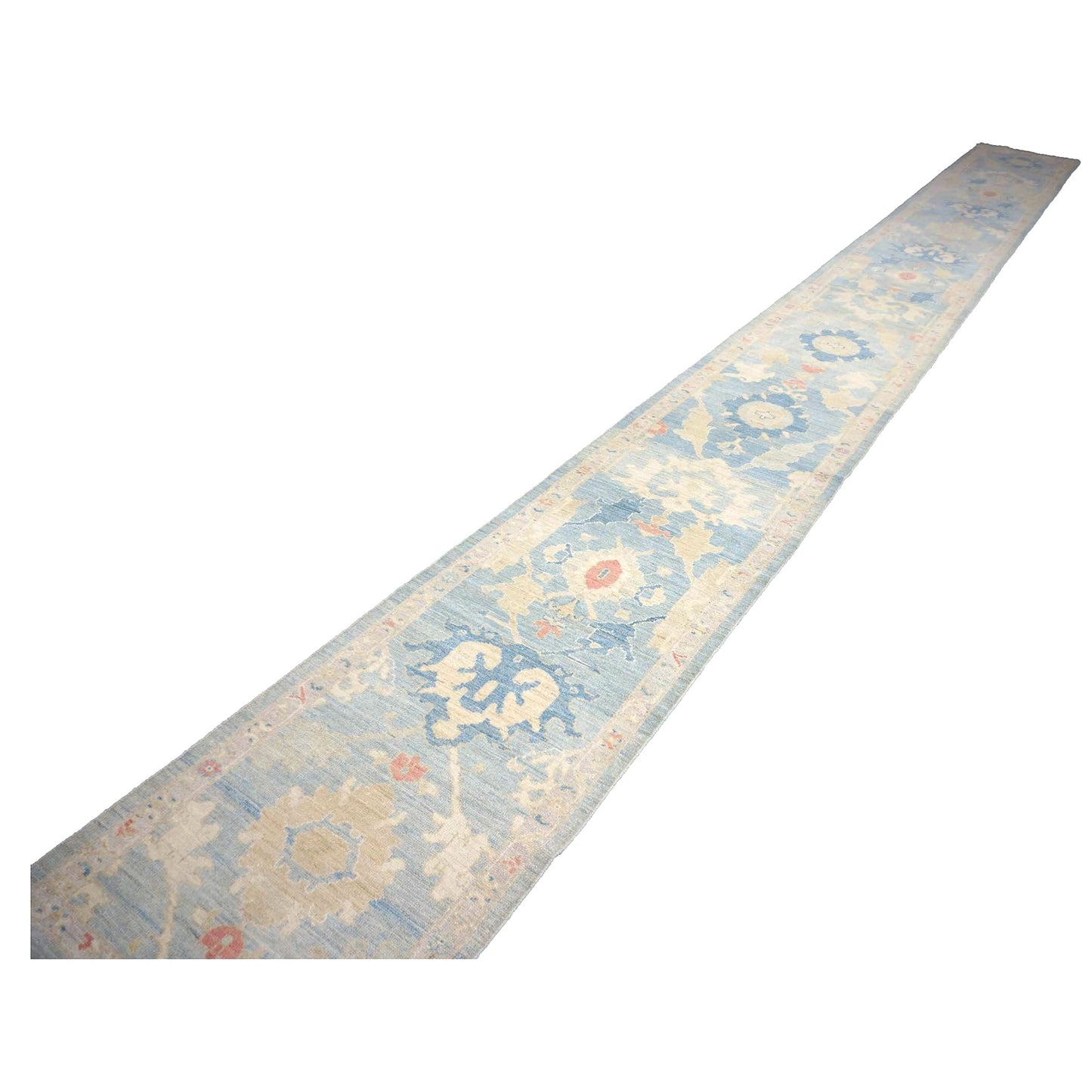Turkish Sultanabad Wool 3x27 Tan & Light Blue Handmade Runner Rug #1144184