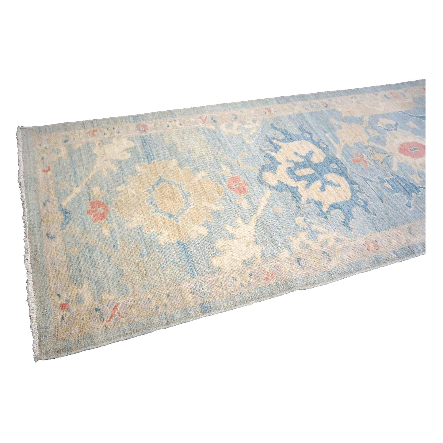 Turkish Sultanabad Wool 3x27 Tan & Light Blue Handmade Runner Rug #1144184