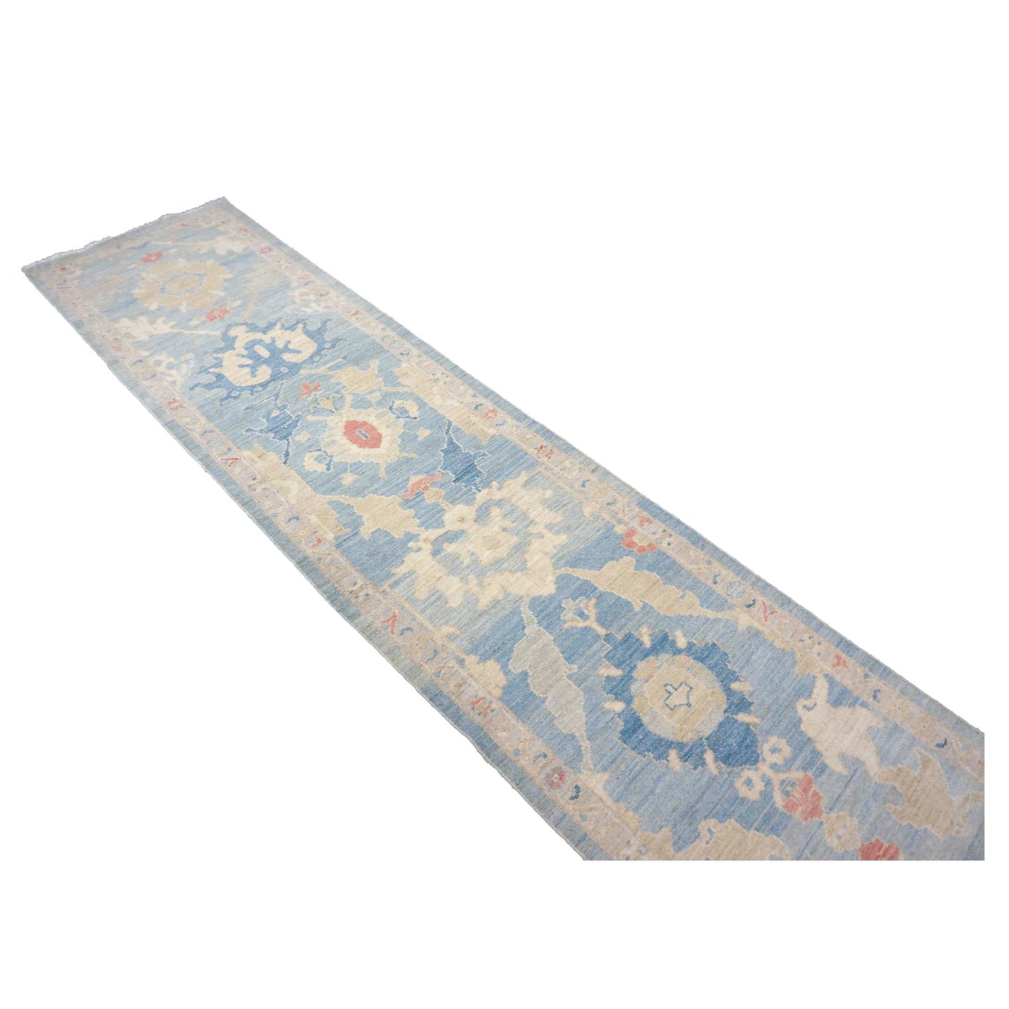Turkish Sultanabad Wool 3x27 Tan & Light Blue Handmade Runner Rug #1144184