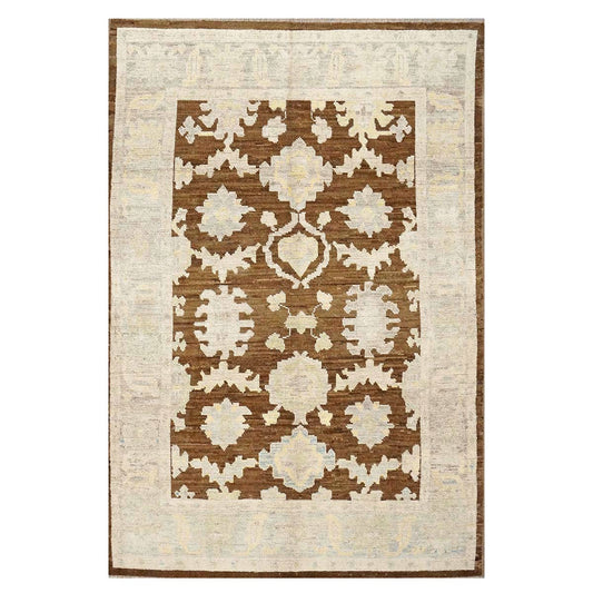 21st Century Turkish Oushak Wool 7x10 Ivory & Brown Handmade Area Rug #1144189