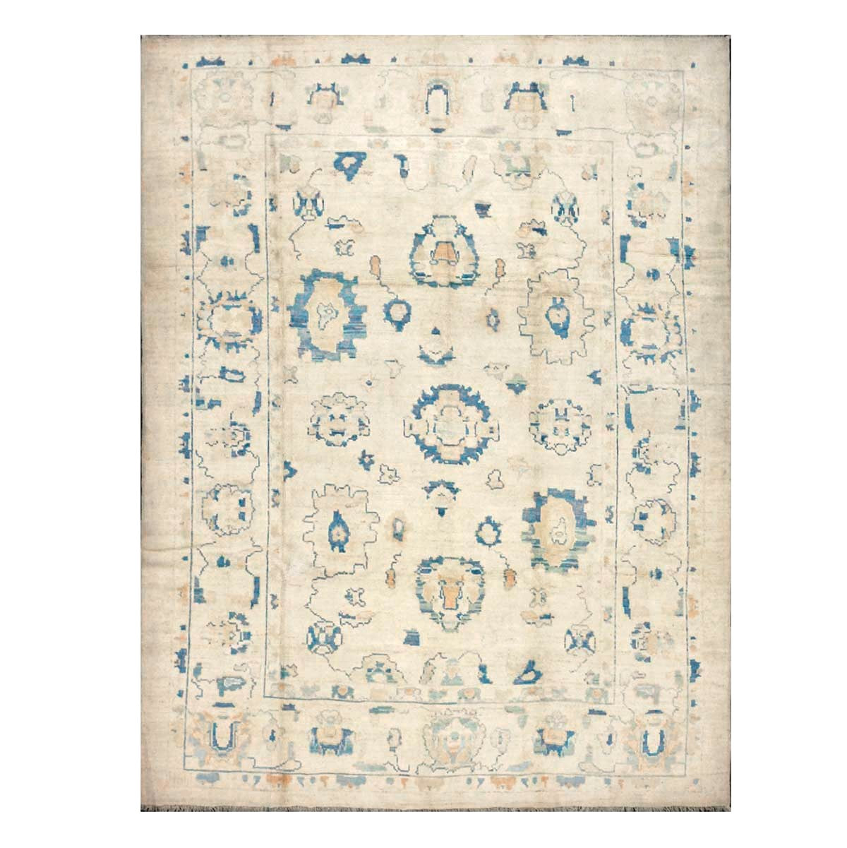 21st Century Turkish Oushak Wool 8x11 Ivory & Blue Handmade Area Rug #1144190