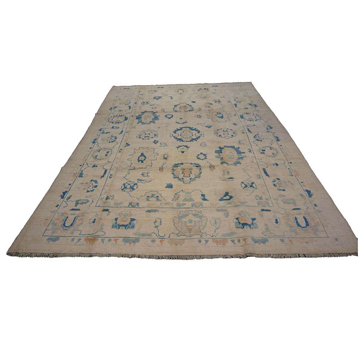 21st Century Turkish Oushak Wool 8x11 Ivory & Slate Blue Handmade Area Rug #1144190