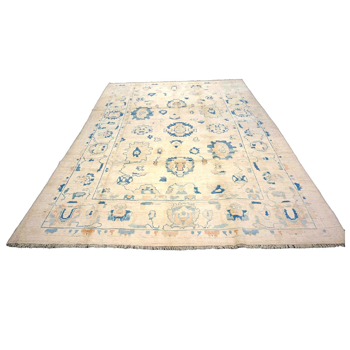21st Century Turkish Oushak Wool 8x11 Ivory & Blue Handmade Area Rug #1144190