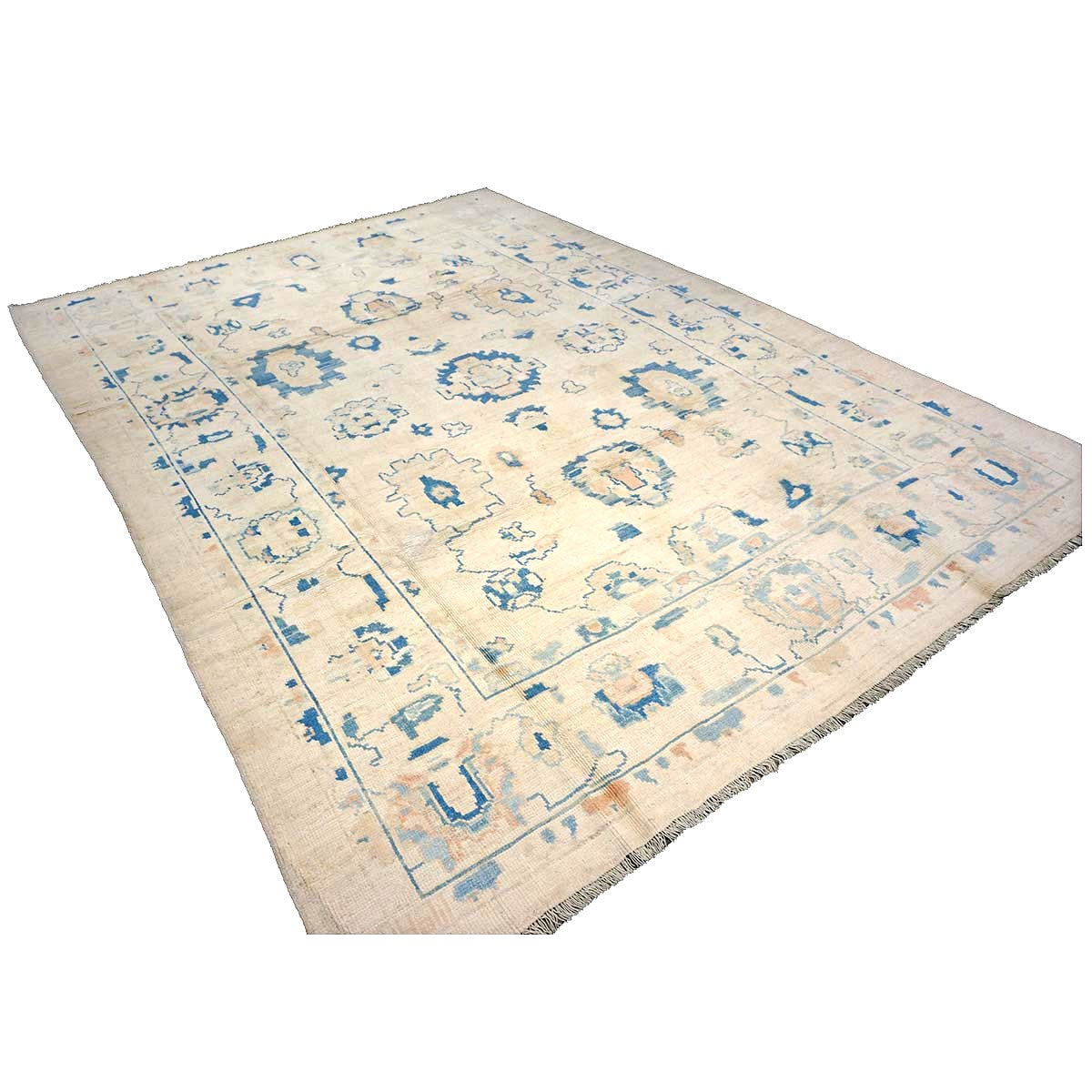 21st Century Turkish Oushak Wool 8x11 Ivory & Blue Handmade Area Rug #1144190