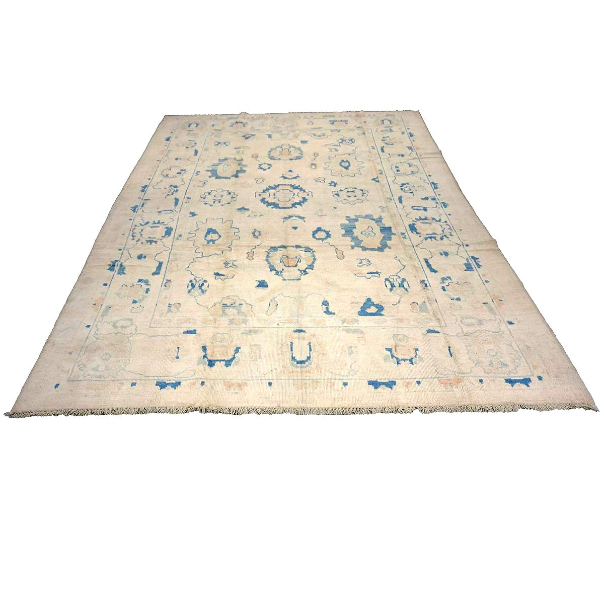 21st Century Turkish Oushak Wool 8x11 Ivory & Blue Handmade Area Rug #1144190