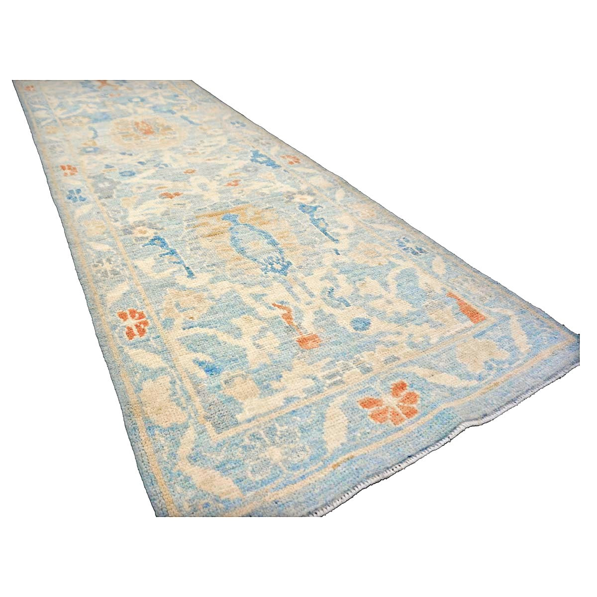 Turkish Sultanabad Wool 2x10 Blue & Tan Handmade Runner Rug #1144193