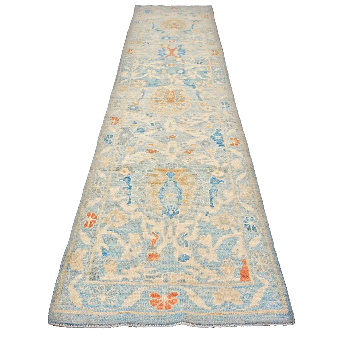 Turkish Sultanabad Wool 2x10 Blue & Tan Handmade Runner Rug #1144193